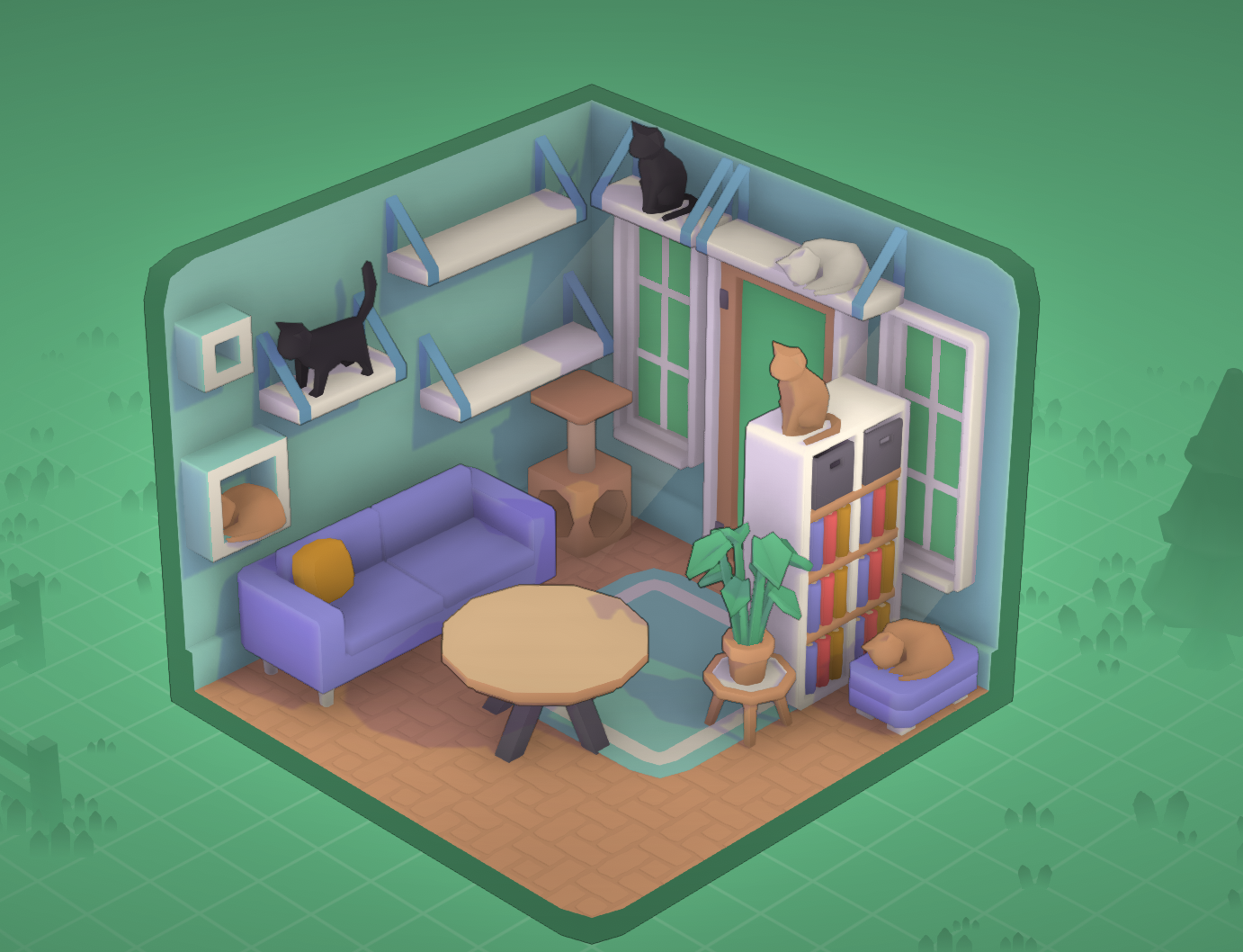 A screenshot of a room with a bunch of shelves and cats